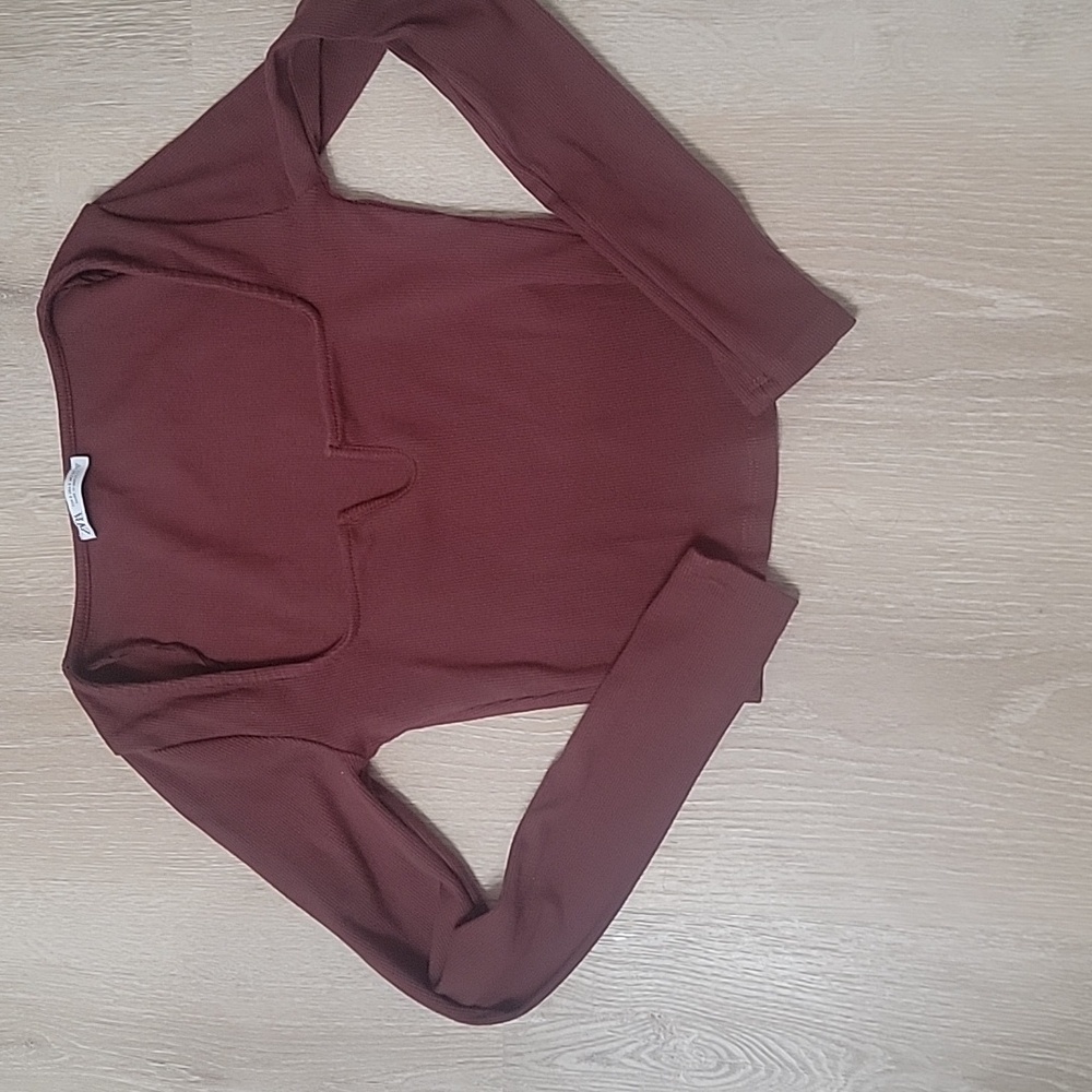Zara Crop Top Long Sleeve Ribbed Brown Square Neckline V Accent Women Size S